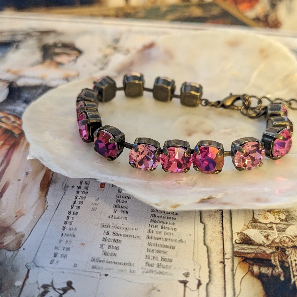 Pink Rose and Fuschia Crystal Bracelet in Brass